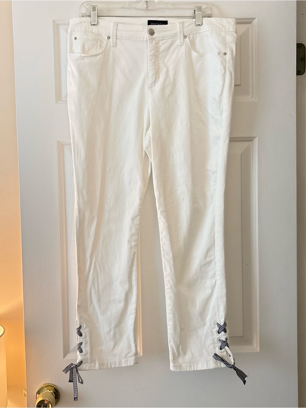 Charter Club White Cropped Jeans with Gingham Bow Hem